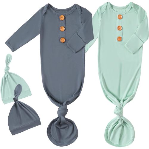 OPAWO Knotted Gown Baby Newborn Sleepers Baby Boy Coming Home Outfit, Bamboo Viscose Baby Gowns with Mitten Cuffs and Hat Set