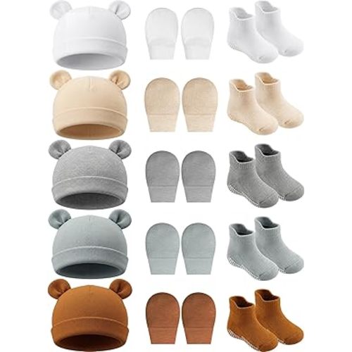 Geyoga Newborn Baby Hat Bear Ears Mittens and Socks Set for 0-6 Month