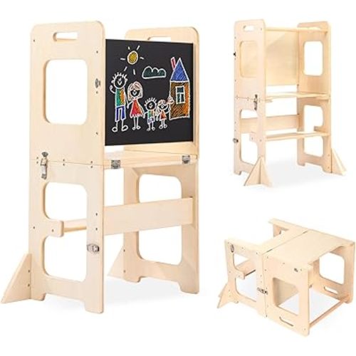 Toddler Tower, Learning Standing tower, 4-in-1 Kitchen Wooden Stool Helper with Chalkboard, Montessori and Waldorf Helper for Kids in Kitchen, Bamboo Step Stool with Desk Table, and Chair