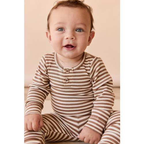 Organic Cotton Modal Long Sleeve Bodysuit - Narrow Stripe Thatch/Buff
