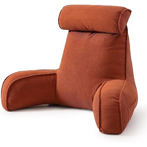 Pillow with Arms for Sitting Up in Bed, Reading Backrest Pillow, Corduroy Back Support Cushion with Side Pockets & Washable Cover, Bed Rest Pillow for Bed Sofa Couch Relax Support, Brick Red