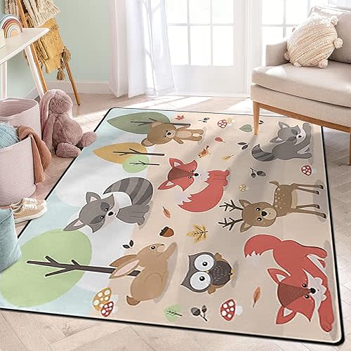Cartoon Forest Animals Area Rug, Cute Woodland Deer Rabbit Bear Fox Owl Bird Rugs for Nursery Children Kids Girls Room Playroom Living Room Home Decorative, 5'x7' (80 X 58 in) Pink