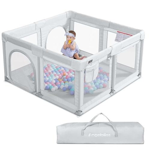 ANGELBLISS Baby Playpen, Large Baby Playard, Indoor & Outdoor Kids Activity Center with Anti-Slip Base, Sturdy Safety Play Yard with Breathable Mesh, Kid's Fence for Infants Toddlers (Grey, 50x50)