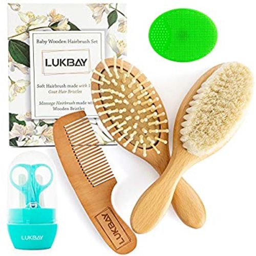 Toddler Hair Brush Comb Set-Complete Kit Baby Products Wooden Soft Bristle Brush Wooden Comb Baby Cradle Cap Silicone Brush Bath Boy Girl Grooming Kit Ideal for Newborn Babies Infant Baby Shower Kids