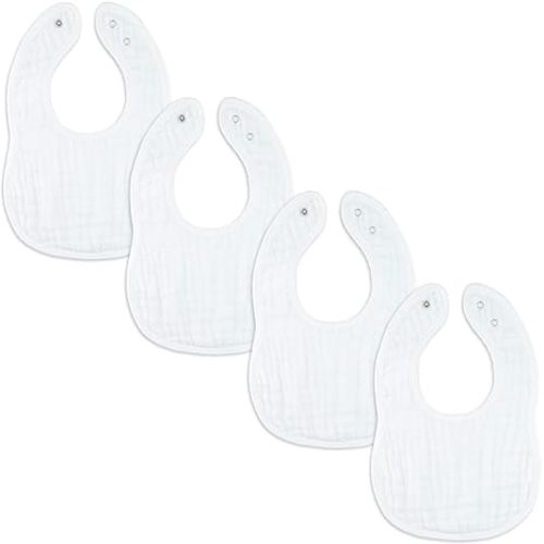 Comfy Cubs Muslin Bibs for Babies, Pack of 4 - Soft and Highly Absorbent, Feeding, Drool and Teething Bib, Adjustable Snaps - Stylish & Colorful Unisex Designs, Giftable Set - White