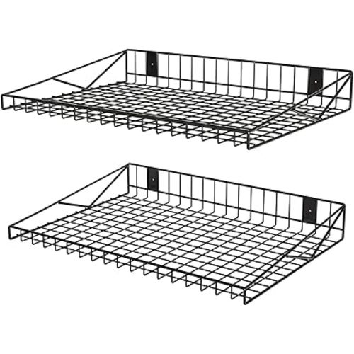 2 Pack Garage Wall Shelf, Garage Wall Mounted Shelving, Heavy Duty Floating Shelves With 4 Hooks, Loads 90 LBS Black Wall Shelves Mesh Storage Rack for Office, Basement, Wall Cabinet and Kitchen