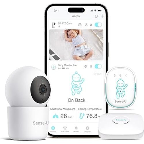 Sense-U Smart Baby Monitor Pro(Long Range)+2K PTZ Camera: Track Abdominal Movement with Arousal Vibration, Rollover, Feeling Temp, 2K Video, Background Sound & Motion Detection, No Monthly Fee