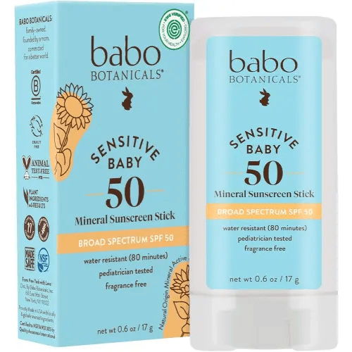 BABO Botanicals Sensitive Baby Mineral Sunscreen Stick SPF 50-70% Organic Ingredients - Zinc Oxide - NSF & Made Safe Certified - EWG Verified - Water Resistant - Fragrance-Free - for Babies & Kids