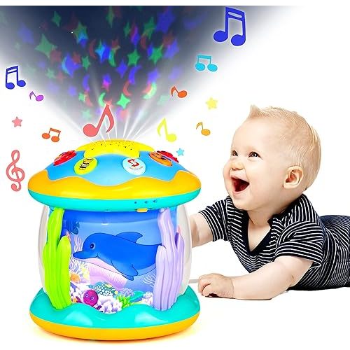 Baby Toys 6 to 12 Months Musical Light Up Tummy Time Infant Toys 3-6 7 8 9 12-18 Months Crawling Toys Ocean Rotating Projector Baby Gifts for 1 2 3 Year Old Boy Girl Birthday Toddlers Kids