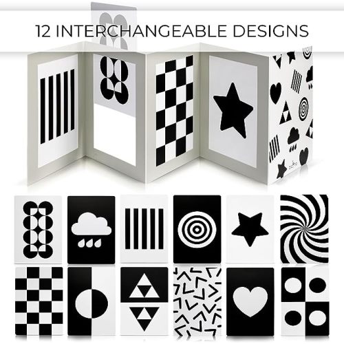 High Contrast Tummy Time Toy For Baby With Large Black and White Cards - Stimulating Sensory Development Boards & Mirror For Babies & Infants 0-3 Months - Twelve Montessori Patterns That Newborns Love
