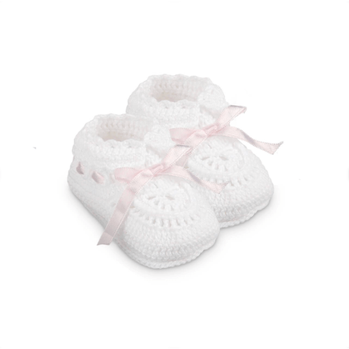Knit Crochet Bootie with Pink Ribbon