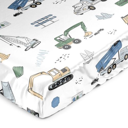 Sweet Jojo Designs Boy Satin Fitted Crib Sheet Construction Truck Green Blue and Grey