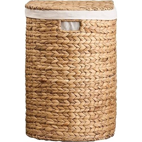 Woven Laundry Basket with Lid - Large Wicker Hamper with Lid for Clothes Storage - Round Rattan Laundry Hamper - Water Hyacinth Storage Basket with Lid (Natural Brown, 16.9 x 13.8 x 20.5 in)