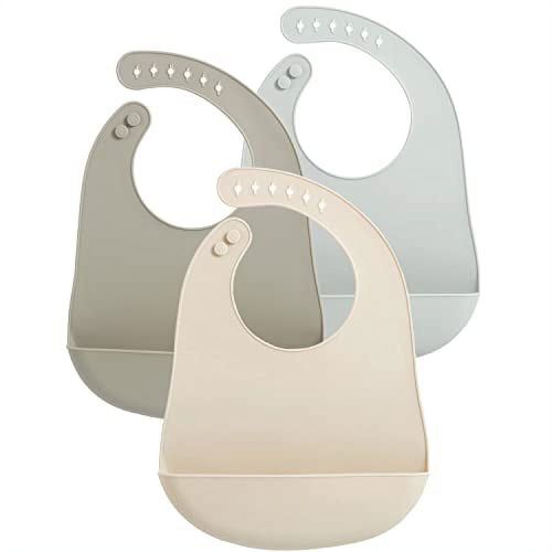 PandaEar 3 Pack Waterproof Silicone Baby Bibs| Super Thin Light Weight for Babies & Toddlers| Adjustable Soft Silicone Feeding Bibs with Food Catcher Pocket, Unisex, Non Messy