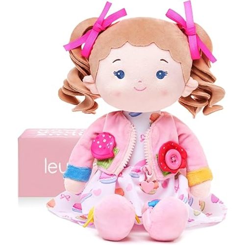 LeyaDoll Soft Bady Educational Soft Baby Doll(16''), Learning Sensory Doll for Toddlers, Montessori Toys for 2-Year-Old Girls Christmas, Birthday Gifts, Plush Doll with Button-Busy Cupcake-Girl