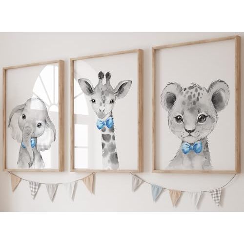 Safari Animals Baby Boys Nursery Set of 3 Unframed Wall Art Prints, Gray Baby Animal Posters with Blue Bow Tie, Elephant Giraffe Lion, Child Bedroom Nursery Decor Posters (12x16)