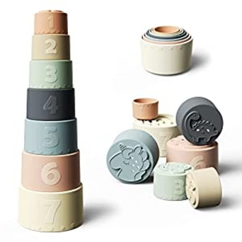 Moonkie Baby Stacking Cups Toy, Fun Educational Stack Up Cup Silicone Soft Teething Toy (Fine Day)