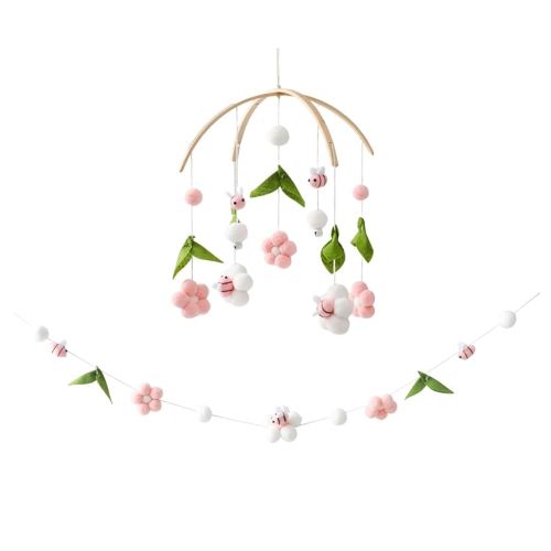 Baby Mobile for Crib, Crib Nursery Mobile for Boys Girls, Boho Bee Flower Nursery Decor Soothe Toy Baby Shower Set for Infant Bedroom Hanging Decoration Toy, Pink