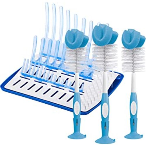 Dr. Brown's Baby Bottle Cleaning Brush with Sponge and Scrubber - Blue - 3pk and Universal Baby Bottle and Accessory Drying Rack