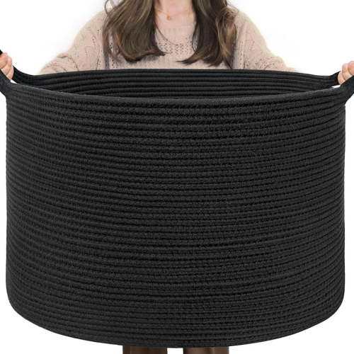 XXXLarge Cotton Rope Basket Woven Baby Laundry Basket for Blankets Toys Storage Baskets with Handle Comforter Cushions Storage Bins Thread Laundry Hamper-Black Stitch