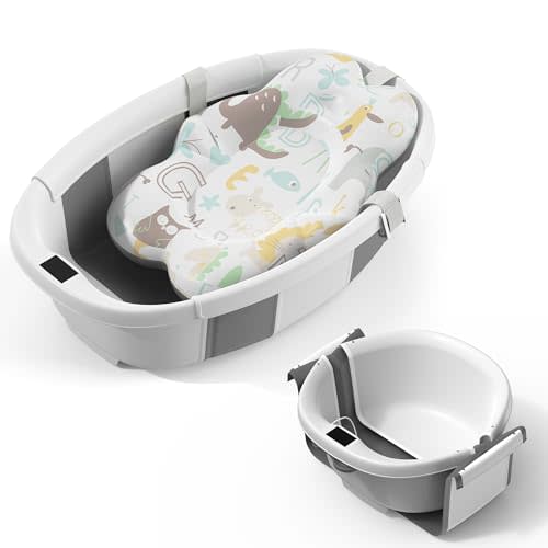 TOSGN Collapsible Baby Bathtub, 3s to Install, Baby Bath Tub with Soft Cushion & Thermometer, 0-36 Months Newborn Bathtub, Portable Travel Baby Tub, Grey