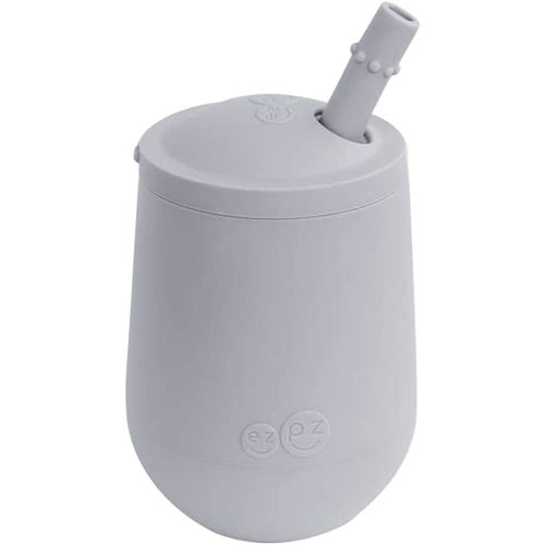 ez pz Mini Cup + Straw Training System - 100% Silicone Training Cup for Infants + Toddlers - Designed by a Pediatric Feeding Specialist - 12 Months+ (Pewter)