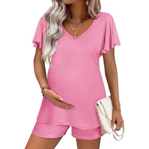 Ekouaer Maternity Sets 2 Piece Outfits Flowing Short Sleeve V Neck Postpartum Pregnancy Pajamas Clothes