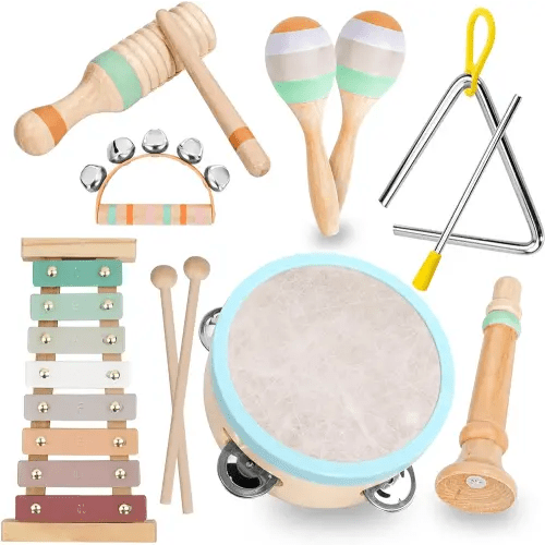 Raimy Musical Instruments Set - Neutral Colors Wooden Montessori Toys Percussion Music Modern Boho Xylophone Birthday Gifts for 1 2 3 Year Old Kids Baby Toddlers Boys Girls 3+ with Storage Bag