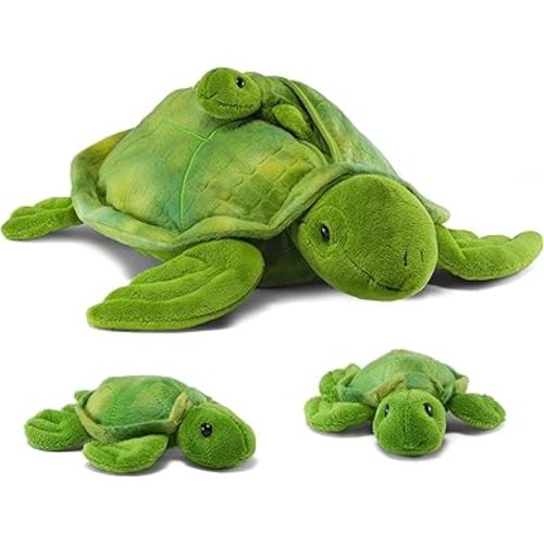 PREXTEX Plush Turtle Toy with 3 Baby Stuffed Turtles - Big Mom with Zipper Storage - Soft Reptile Toys for Kids Ages 3-5 - Cuddly Stuffed Set - Thoughtful Gift for Animal Lovers & Toddlers