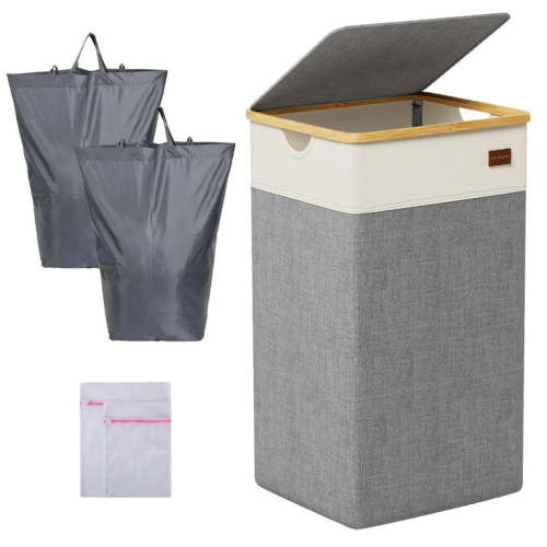 CHERISHGARD 100L laundry hamper with lid, Tall Laundry Basket with Bamboo Handles, Freestanding Collapsible Clothes Hamper with Inner Bag