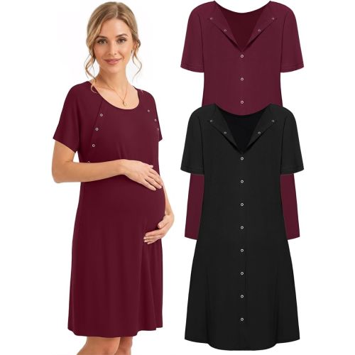 Ekouaer 2 Pack Labor and Delivery Gown 3 in 1 Maternity Nursing Hospital Nightgown Short Sleeve Breastfeeding Gowns