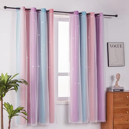 Ombre Rainbow Blackout Curtains for Kid Girls Bedroom Living Room Darking Stripe Double Layer Star Cut Out Wall Home Decor Gradient Grommet Window Curtains (Pink Purple 52W x 63L