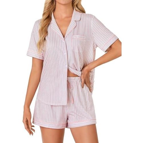 LYANER Women's Pajama Sets Striped Button Down Pj Set Sleepwear Shirt and Shorts Two Piece Lounge Sets