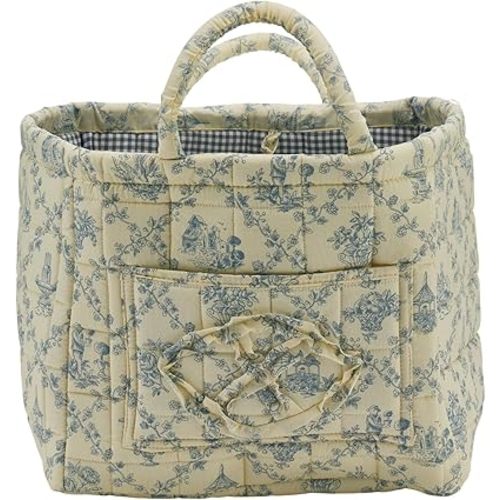 Quilted Fabric Storage Basket with Handles & Pocket, Foldable Laundry Hamper Boho Floral Print Organizer Bin for Home, Picnic, Office 12"x10"x10" (B-3)