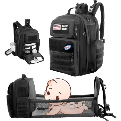 MABOZOO Diaper Bag Backpack for Dad with Changing Station, Expandable Black Military Diaper Bag Backpack with Waterproof Changing Pad,Large Tactical Mens Baby Bag,Unisex Molle Style Baby Backpack Bag