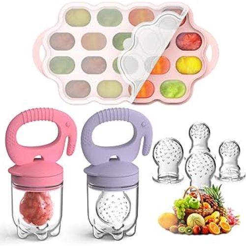 Silicone Baby Food Teether Feeder with Breastmilk Popsicle Molds Combo, BPA Free Baby Fruit Food Feeder Pacifier, Teething Popsicle for Baby 4m+, 3 Sizes Food Pouches Included