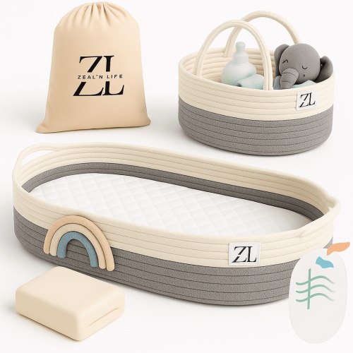 ZEAL'N LIFE Baby Changing Basket 100% Cotton Absorbent Diaper Changing Pad with Diapers Basket, Blanket & Changing Pad for Dresser, Gray 1 Count
