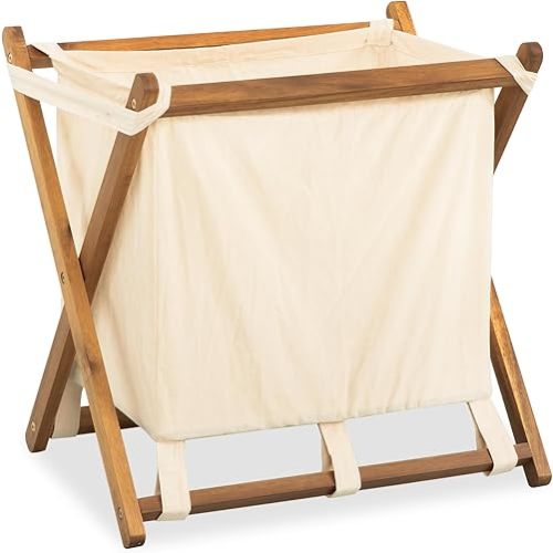Acacia Wood X-Frame Laundry Hamper, Folding Large Wooden Baskets with Handle, Sorter for Blankets Clothes Pillows Towels, 22'' Tall Natural-Beige