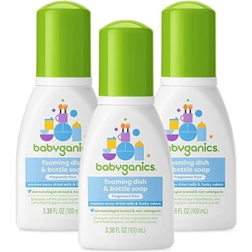 Babyganics Foaming Dish & Bottle Soap for Travel, Fragrance Free, Plant-Derived Cleaning Power, Removes Dried Milk, Packaging May Vary, 3.38 Fl Oz (Pack of 3)