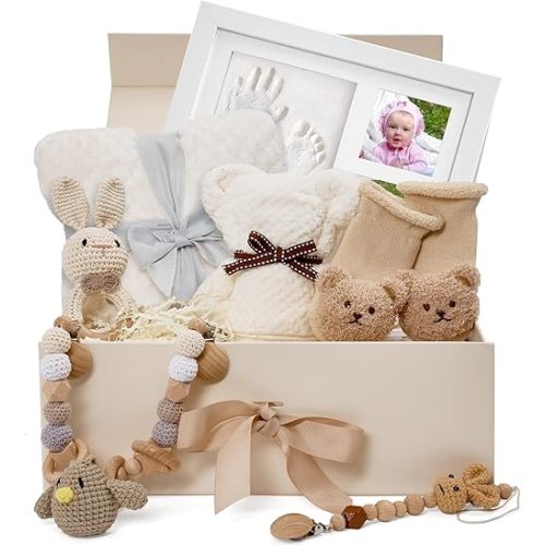 Baby Gift Set for Newborn,Handprint & Footprint Photo Frame, Bunny Rattle,Socks,Blanket,Carriage Pendant Nipple Chain,Towel,New Born Babyshower Gift,Gift for Newborn Baby, New Baby Gift Basket