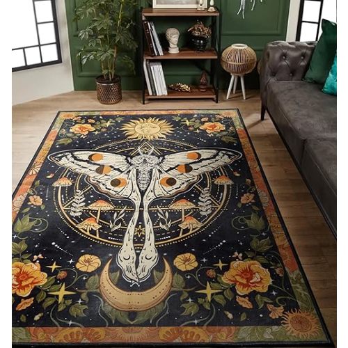 Washable Mystical Luna Moth Rugs Ultra Thin, Boho Moody Black Floral Aesthetic Bedroom Rugs Vintage Hippie Celestial Trendy Indie Dorm Rug, Retro Cute 4x6 Area Rug for Dining Living Room Entryway