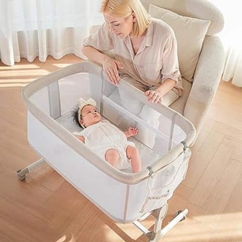 Fodoss Baby Bassinets Bedside Sleeper - All Mesh Bedside Bassinet with Wheels, 7 Height Adjustable Baby Bassinet for Infants, Beige