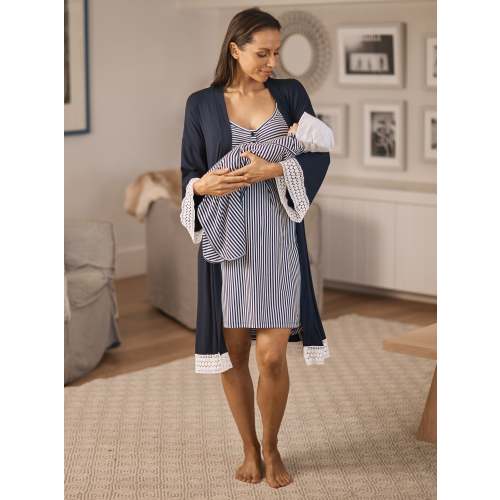 Hospital Pack: Maternity Robe + Nightie + Free Baby Blanket Wrap - Navy