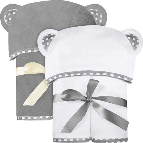 Set of 2 Bamboo Hooded Baby Towels – Luxurious, Large and Super Absorbent – 35 x 35 Inch – Soft and Suitable for Infants, Toddlers and Kids – 500 GSM - Luxury White and Grey