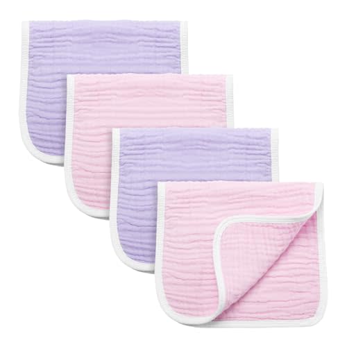 Synrroe Burp Cloths Large, Muslin Burp Cloths for Baby Girls, Pack of 4 Extra Absorbent and Soft Muslin, 6 Layers 20 by 10 Inches 100% Cotton (Pink-Purple 4 Pack)