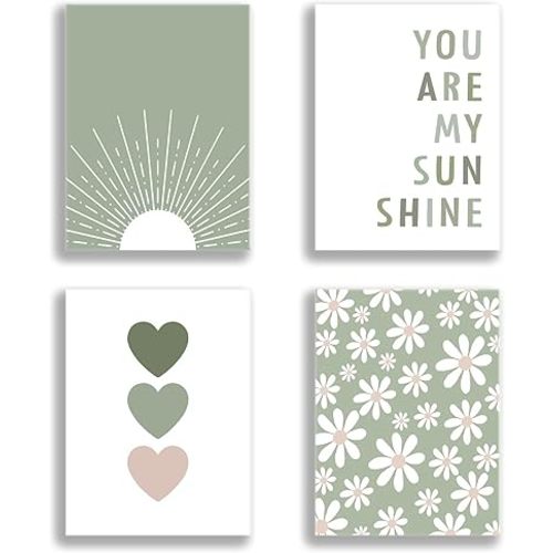 Boho Wall Art Set of 4 Sage Green Nursery Wall Decor You Are My Sunshine Canvas Painting Prints Daisy Flower Cute Heart Pattern Posters Baby Room Pictures for Bedroom Kid Girls Room 12x16 In Framed