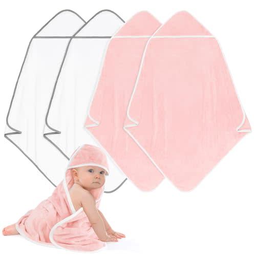 UNIMADE Hooded Towel for Newborns, 4 Pack Soft Coral Fleece Baby Towels, Ultra Absorbent Bath Cloths Bulk for Infants, Toddlers, Newborn Essential- 30 x 30 inch - Pink & White