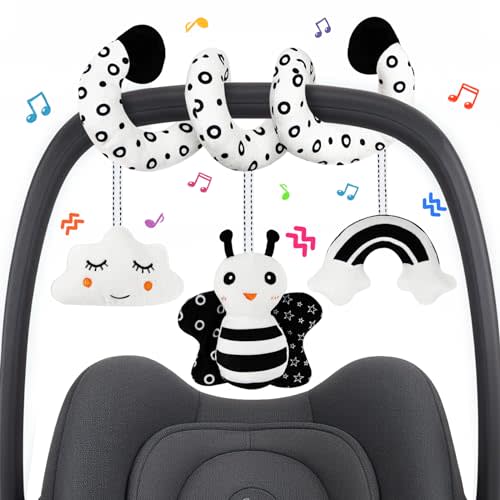 Car Seat Toy,Stroller Toys,Car Seat Toys for Babies 0-6 months Boy Girl,Spiral Hanging Stroller Black and White High Contrast Sensory Toy Newborn Plush Activity Toys Thank You Gifts for 0 3 6 9 Months
