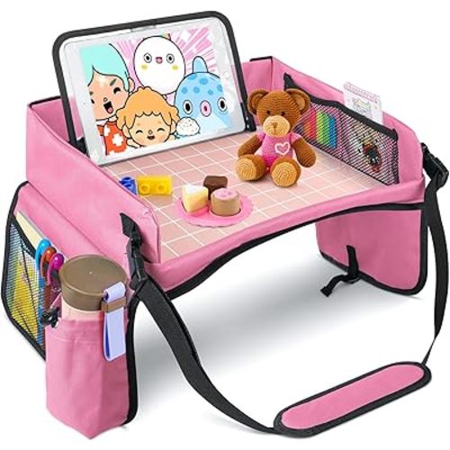 BUENAVO [New Version] Car Seat Organizer Kids Travel Tray for Kids Toddlers Activities in Car Seat, Stroller, Airplane | Waterproof Dry Erase Top | Side Pocket & Water Bottle Holder