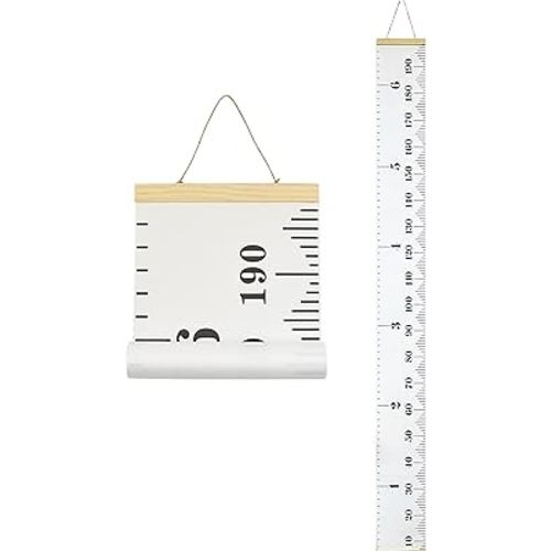 Kids Growth Chart, Wood Frame Fabric Canvas Height Measurement Ruler from Baby to Adult for Child's Room Decoration 7.9 x 79in (7.9 x 79in, White & Black)